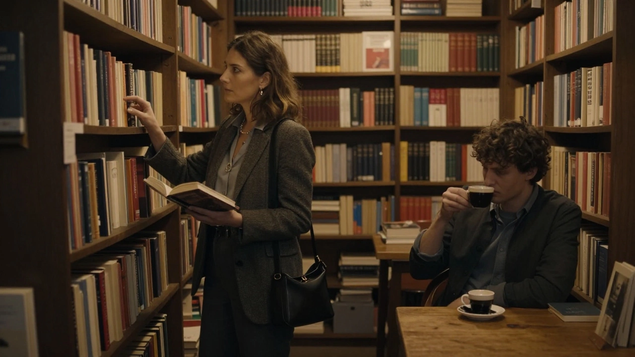 A woman browses poetry books in a cozy Le Marais bookstore while a client reads quietly nearby.