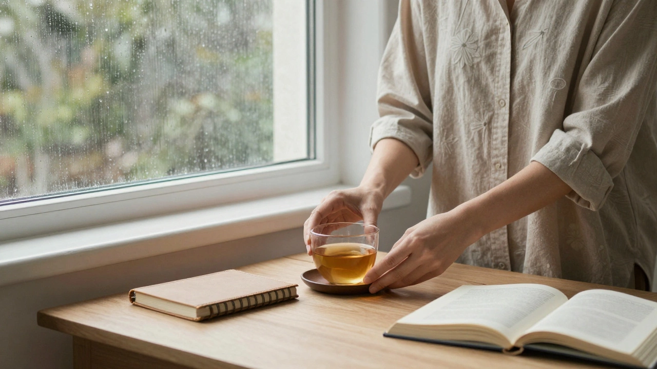 A woman prepares tea in a quiet Paris apartment, rain tracing the window as books lie open on the table.